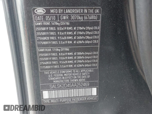 2010 Land Rover Range Rover Sport HSE Lux z VIN SALSK2D45AA252469, wystawiony jako IAAI lot #41915892 z przebiegiem 177 112 mil mil oraz . Historia ofert i sprzedaży dostępna na DreamBid. Obrazek 9.