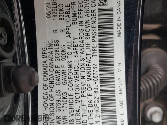 2020 Honda Civic Sedan Sport with VIN 2HGFC2F80LH557762, listed as a Copart auction lot 42766225 with 67,897 mi miles and Salvage Title. Bid and sale history available at carsss.com. Image 12.