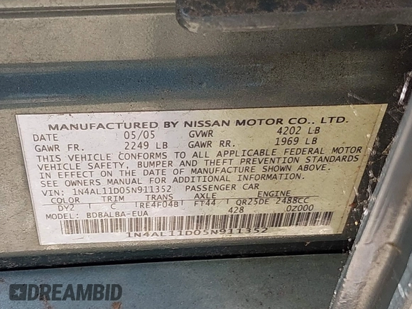 2005 Nissan Altima SL z VIN 1N4AL11D05N911352, wystawiony jako IAAI lot #42132763 z przebiegiem Nie podano mil oraz . Historia ofert i sprzedaży dostępna na DreamBid. Obrazek 9.