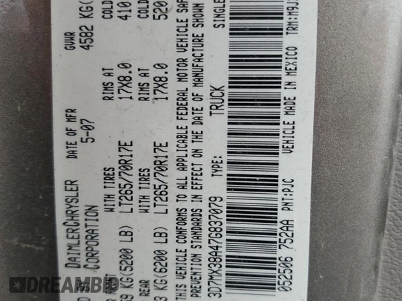 2007 Dodge Ram 3500 SLT with VIN 3D7MX38A47G837079, listed as a Copart auction lot 44993305 with 105,107 mi miles and Salvage Title. Bid and sale history available at carsss.com. Image 13.