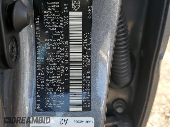 2012 Toyota Avalon with VIN 4T1BK3DB1CU444108, listed as a Copart auction lot 53817675 with 181,165 mi miles and Salvage title. Bid and sale history available at DreamBid. Image 12.