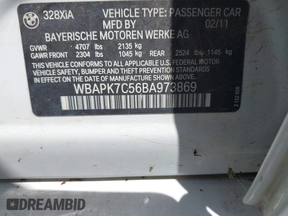 2011 BMW 3 Series 328i xDrive z VIN WBAPK7C56BA973869, wystawiony jako IAAI lot #42481840 z przebiegiem 112 972 mil mil oraz . Historia ofert i sprzedaży dostępna na DreamBid. Obrazek 9.