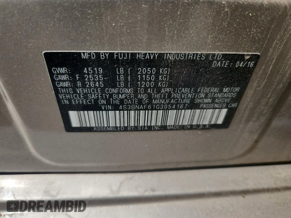 2016 Subaru Legacy Premium с VIN 4S3BNAF61G3054167, выставлен на аукционе Copart как лот 63318185 с пробегом Не указан миль и Списание • Salvage title. История ставок и продаж доступна на DreamBid. Изображение 12.