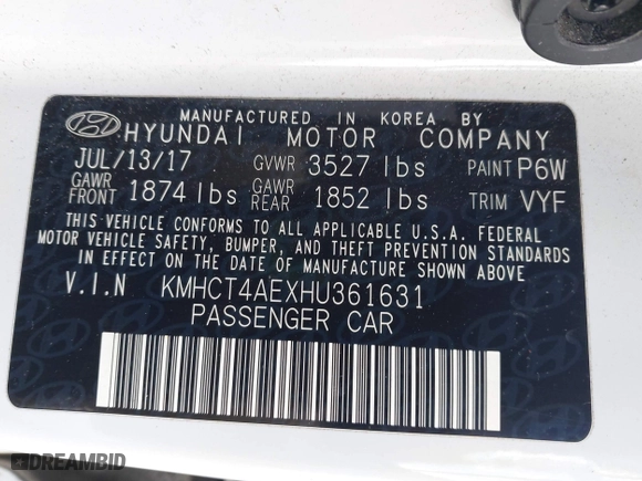 2017 Hyundai Accent SE with VIN KMHCT4AEXHU361631, listed as a IAAI auction lot 42037045 with 136,847 mi miles. Bid and sale history available at carsss.com. Image 9.