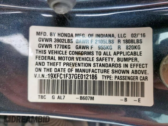 2016 Honda Civic EX-T z VIN 19XFC1F37GE012186, wystawiony jako Copart lot #51590575 z przebiegiem 121 041 mil mil oraz Szkoda całkowita • Salvage title. Historia ofert i sprzedaży dostępna na DreamBid. Obrazek 14.
