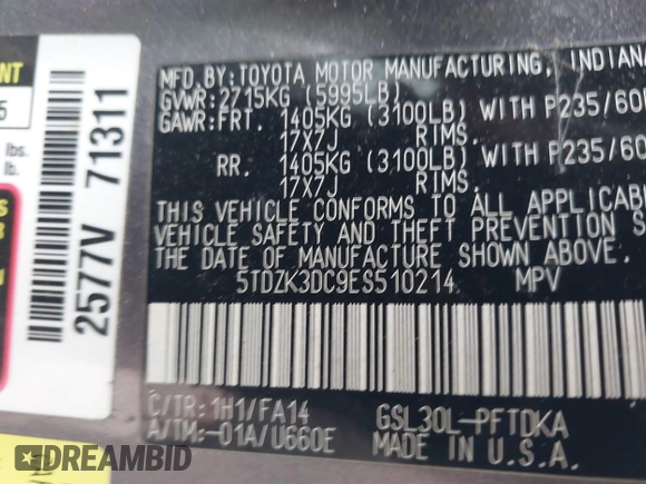 2014 Toyota Sienna L with VIN 5TDZK3DC9ES510214, listed as a IAAI auction lot 41721667 with 1 mi miles. Bid and sale history available at carsss.com. Image 9.