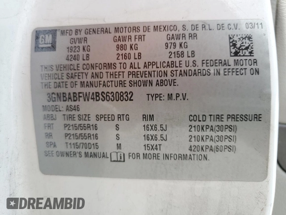 2011 Chevrolet HHR 1LT with VIN 3GNBABFW4BS630832, listed as a Copart auction lot 51265245 with 101,596 mi miles and Salvage Title. Bid and sale history available at DreamBid. Image 12.
