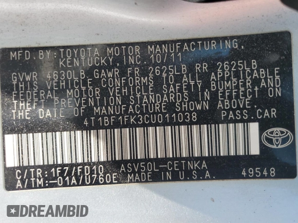 2012 Toyota Camry L with VIN 4T1BF1FK3CU011038, listed as a Copart auction lot 55302105 with 162,904 mi miles and Salvage Title. Bid and sale history available at DreamBid. Image 12.