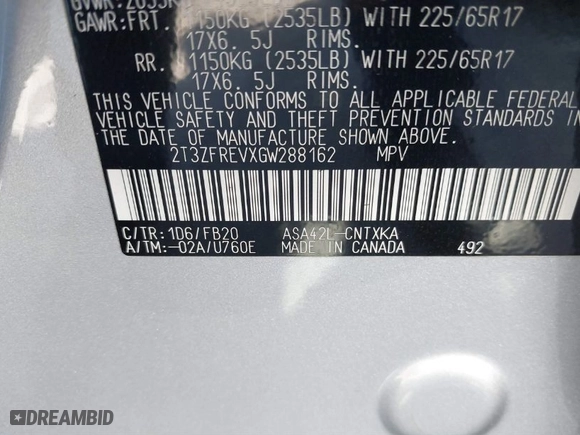 2016 Toyota RAV4 LE with VIN 2T3ZFREVXGW288162, listed as a IAAI auction lot 41765131 with 1 mi miles. Bid and sale history available at carsss.com. Image 9.