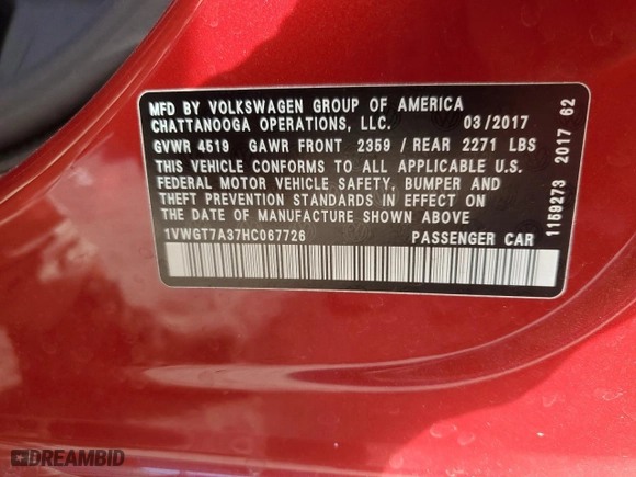 2017 Volkswagen Passat 1.8T SE w/Technology with VIN 1VWGT7A37HC067726, listed as a Copart auction lot 46595185 with NaN miles and Salvage Title. Bid and sale history available at carsss.com. Image 13.