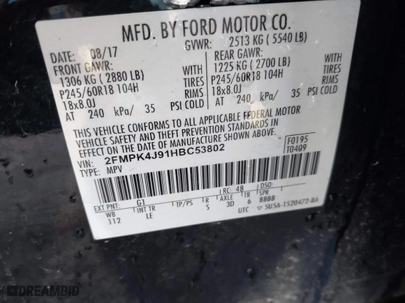 2017 Ford Edge SEL with VIN 2FMPK4J91HBC53802, listed as a IAAI auction lot 41804575 with 76,482 mi miles. Bid and sale history available at carsss.com. Image 9.