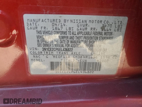 2014 Nissan Note S Plus with VIN 3N1CE2CP6EL436822, listed as a Copart auction lot 62503385 with 157,644 mi miles and Clean title. Bid and sale history available at DreamBid. Image 12.