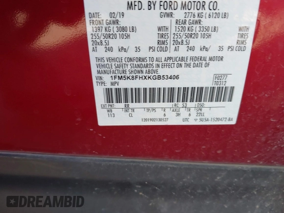 2019 Ford Explorer Limited with VIN 1FM5K8FHXKGB53406, listed as a IAAI auction lot 41906077 with 58,296 mi miles and . Bid and sale history available at carsss.com. Image 9.