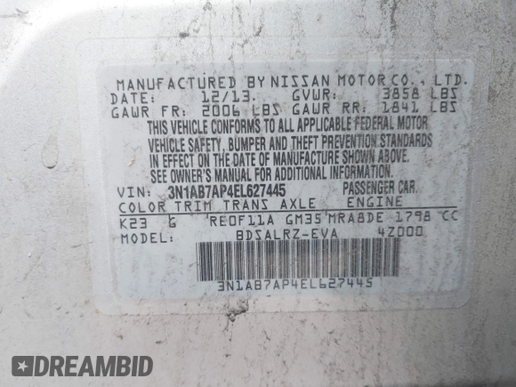 2014 Nissan Sentra S with VIN 3N1AB7AP4EL627445, listed as a IAAI auction lot 42191208 with 161,719 mi miles and . Bid and sale history available at DreamBid. Image 9.
