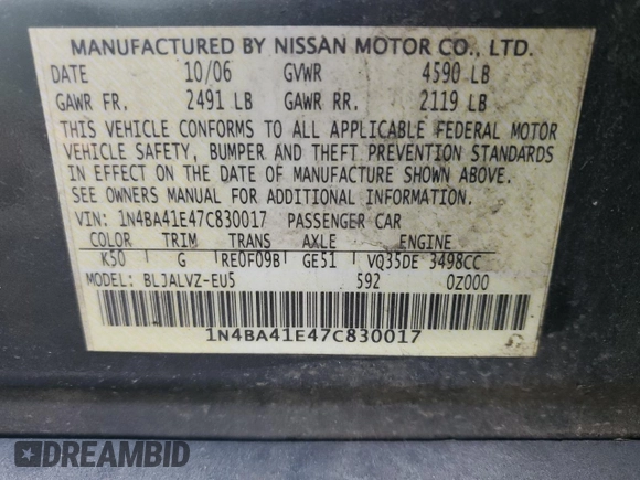 2007 Nissan Maxima 3.5 SL with VIN 1N4BA41E47C830017, listed as a Copart auction lot 81584924 with 199,099 mi miles and Clean Title. Bid and sale history available at carsss.com. Image 12.