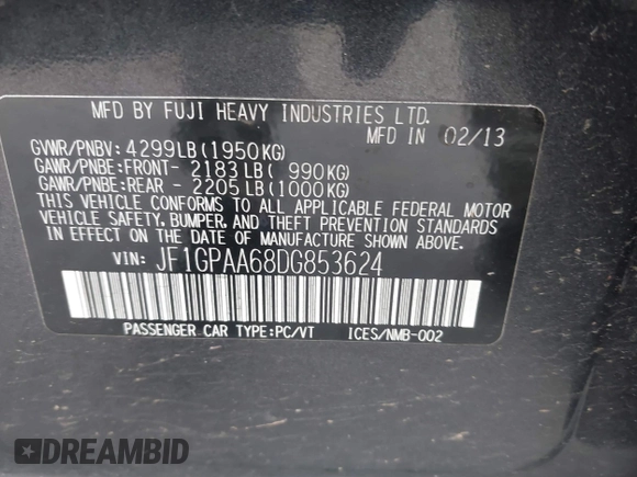2013 Subaru Impreza 2.0i с VIN JF1GPAA68DG853624, выставлен на аукционе IAAI как лот 41770426 с пробегом 118 088 миль миль и . История ставок и продаж доступна на DreamBid. Изображение 9.