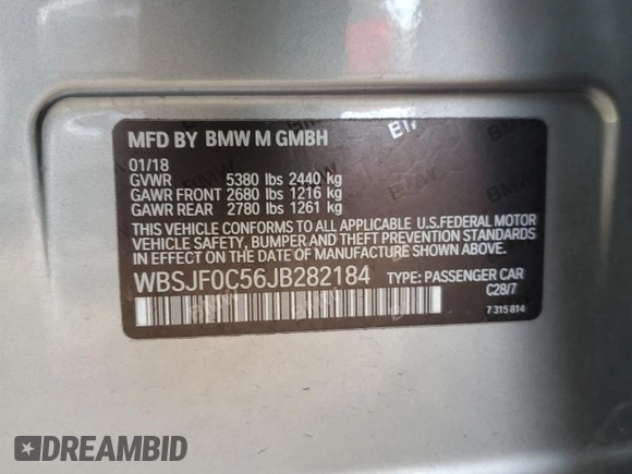 2018 BMW M5 z VIN WBSJF0C56JB282184, wystawiony jako Copart lot #87480414 z przebiegiem Nie podano mil oraz Szkody całkowita. Historia ofert i sprzedaży dostępna na DreamBid. Obrazek 12.