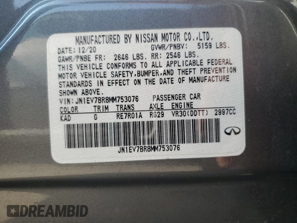 2021 Infiniti Q50 Luxe with VIN JN1EV7BR8MM753076, listed as a Copart auction lot 64990564 with 27,847 mi miles and Salvage title. Bid and sale history available at DreamBid. Image 12.