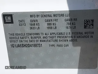 2013 Chevrolet Sonic LS with VIN 1G1JA6SH2D4188731, listed as a IAAI auction lot 41908527 with 178,887 mi miles and . Bid and sale history available at DreamBid. Image 9.