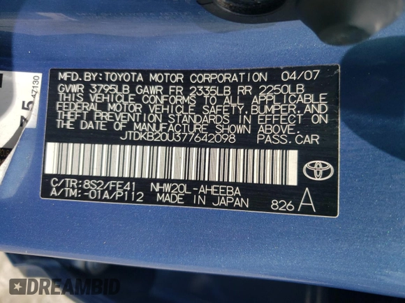 2007 Toyota Prius z VIN JTDKB20U377642098, wystawiony jako Copart lot #56205795 z przebiegiem Nie podano mil oraz Czysty tytuł • Clean title. Historia ofert i sprzedaży dostępna na DreamBid. Obrazek 13.