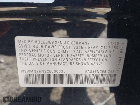 2012 Volkswagen CC Sport with VIN WVWMN7AN3CE500036, listed as a IAAI auction lot 42032040 with Not provided miles and . Bid and sale history available at DreamBid. Image 9.