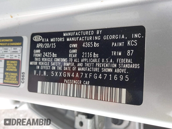 2015 Kia Optima EX with VIN 5XXGN4A7XFG471695, listed as a IAAI auction lot 41565164 with 79,625 mi miles. Bid and sale history available at carsss.com. Image 9.