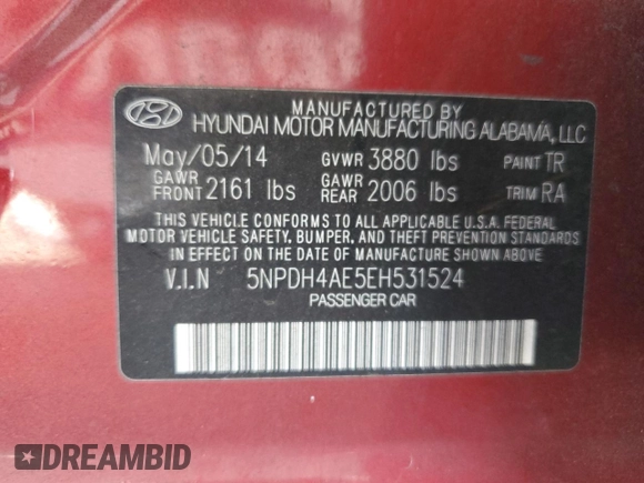 2014 Hyundai Elantra SE with VIN 5NPDH4AE5EH531524, listed as a Copart auction lot 60934715 with 123,607 mi miles and Clean title. Bid and sale history available at DreamBid. Image 12.