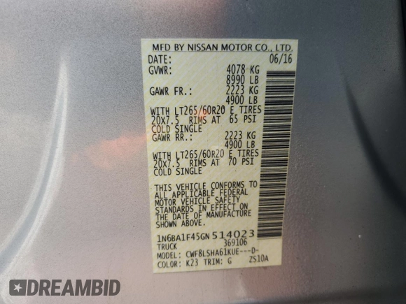 2016 Nissan Titan XD Platinum Reserve with VIN 1N6BA1F45GN514023, listed as a Copart auction lot 68817774 with 207,822 mi miles and Salvage Title. Bid and sale history available at carsss.com. Image 12.