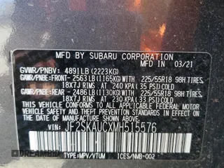2021 Subaru Forester Limited z VIN JF2SKAUCXMH515576, wystawiony jako Copart lot #54220925 z przebiegiem 70 636 mil mil oraz Szkoda całkowita • Salvage title. Historia ofert i sprzedaży dostępna na DreamBid. Obrazek 13.