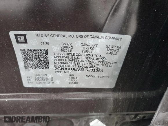 2020 Chevrolet Equinox LT with VIN 2GNAXUEV8L6231260, listed as a Copart auction lot 52151585 with 39,613 mi miles and Salvage Title. Bid and sale history available at DreamBid. Image 15.