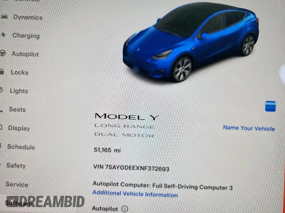 2022 Tesla Model Y Long Range z VIN 7SAYGDEEXNF372693, wystawiony jako Copart lot #53275555 z przebiegiem 51 165 mil mil oraz Szkody całkowita. Historia ofert i sprzedaży dostępna na DreamBid. Obrazek 9.