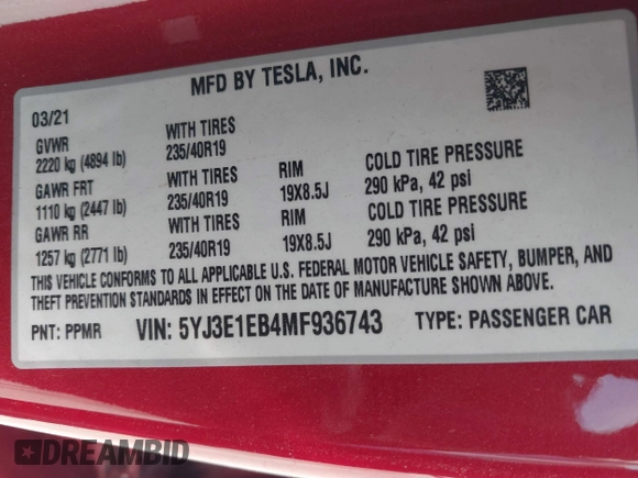 2021 Tesla Model 3 Long Range with VIN 5YJ3E1EB4MF936743, listed as a IAAI auction lot 42154322 with 46,983 mi miles and . Bid and sale history available at DreamBid. Image 9.