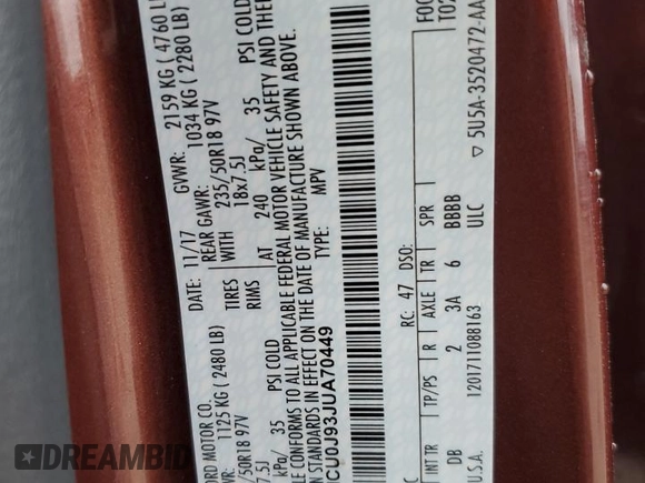 2018 Ford Escape Titanium z VIN 1FMCU0J93JUA70449, wystawiony jako Copart lot #59303245 z przebiegiem 165 907 mil mil oraz Szkoda całkowita • Salvage title. Historia ofert i sprzedaży dostępna na DreamBid. Obrazek 12.