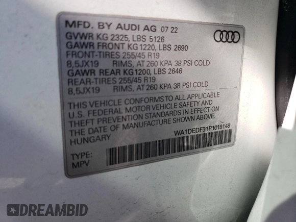 2023 Audi Q3 with VIN WA1DEDF31P1019148, listed as a Copart auction lot 61859284 with 28,560 mi miles and Clean title. Bid and sale history available at DreamBid. Image 13.