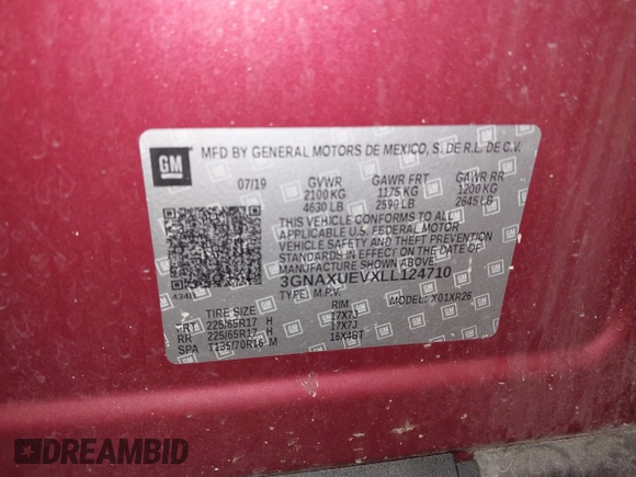 2020 Chevrolet Equinox LT with VIN 3GNAXUEVXLL124710, listed as a IAAI auction lot 41453262 with 70,687 mi miles. Bid and sale history available at carsss.com. Image 9.