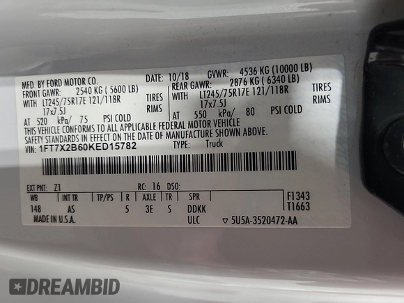 2019 Ford F-250 XL with VIN 1FT7X2B60KED15782, listed as a IAAI auction lot 42840321 with 119,106 mi miles and . Bid and sale history available at DreamBid. Image 19.