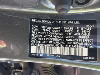 2021 Honda Civic Sport with VIN SHHFK7H49MU412153, listed as a IAAI auction lot 42105884 with 44,000 mi miles and . Bid and sale history available at DreamBid. Image 9.