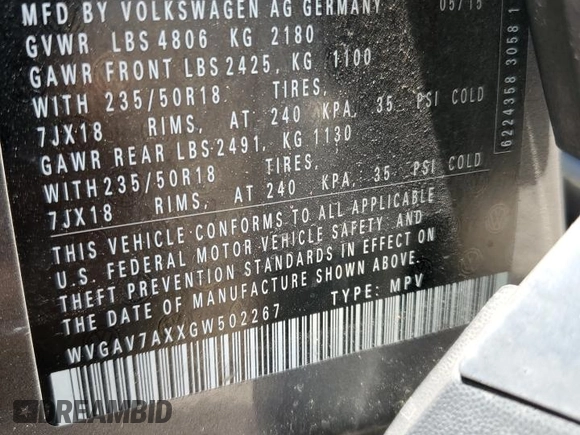 2016 Volkswagen Tiguan SE with VIN WVGAV7AXXGW502267, listed as a Copart auction lot 54916725 with 105,926 mi miles and Clean title. Bid and sale history available at DreamBid. Image 12.