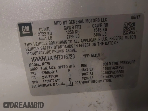 2017 GMC Acadia SLE with VIN 1GKKNLLA7HZ316720, listed as a IAAI auction lot 41242267 with 327,111 mi miles and . Bid and sale history available at DreamBid. Image 9.