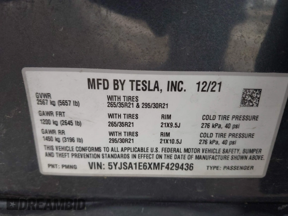 2021 Tesla Model S Plaid z VIN 5YJSA1E6XMF429436, wystawiony jako IAAI lot #41826114 z przebiegiem Nie podano mil oraz . Historia ofert i sprzedaży dostępna na DreamBid. Obrazek 9.