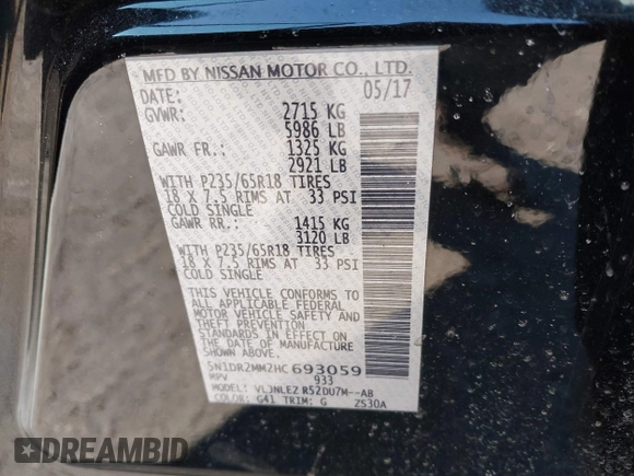 2017 Nissan Pathfinder SV with VIN 5N1DR2MM2HC693059, listed as a IAAI auction lot 41584629 with 112,379 mi miles. Bid and sale history available at carsss.com. Image 9.