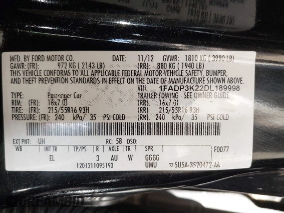2013 Ford Focus SE with VIN 1FADP3K22DL189998, listed as a IAAI auction lot 42101141 with 116,170 mi miles and . Bid and sale history available at DreamBid. Image 9.