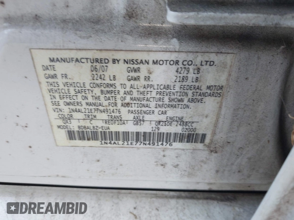 2007 Nissan Altima 2.5 with VIN 1N4AL21E77N491476, listed as a IAAI auction lot 42082834 with 284,079 mi miles. Bid and sale history available at carsss.com. Image 9.