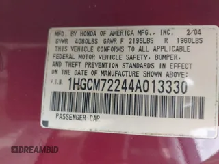 2004 Honda Accord LX z VIN 1HGCM72244A013330, wystawiony jako IAAI lot #41931116 z przebiegiem 229 375 mil mil oraz . Historia ofert i sprzedaży dostępna na DreamBid. Obrazek 9.