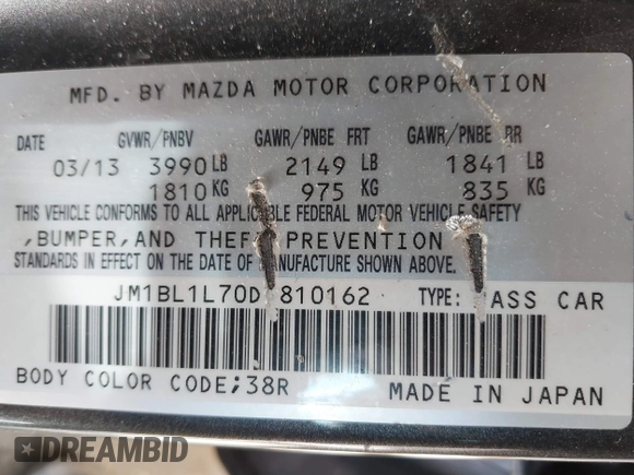 2013 Mazda 3 i Touring with VIN JM1BL1L70D1810162, listed as a IAAI auction lot 41720377 with 163,607 mi miles and . Bid and sale history available at DreamBid. Image 9.