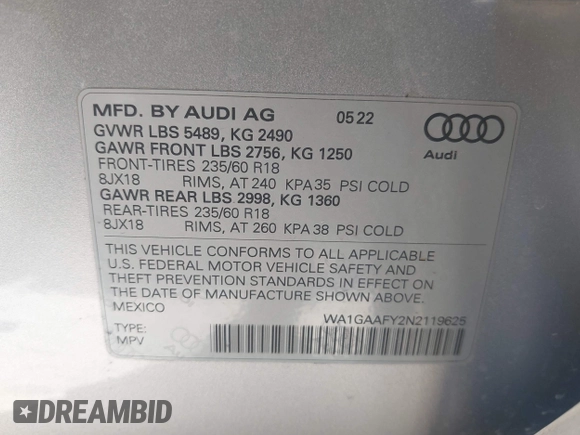 2022 Audi Q5 S line Premium with VIN WA1GAAFY2N2119625, listed as a IAAI auction lot 41979117 with 18,694 mi miles and . Bid and sale history available at DreamBid. Image 9.