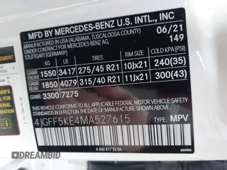 2021 Mercedes-Benz GLS 450 with VIN 4JGFF5KE4MA527615, listed as a IAAI auction lot 41804926 with 84,598 mi miles and . Bid and sale history available at DreamBid. Image 9.