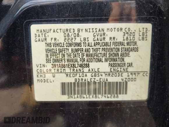 2008 Nissan Sentra 2.0 with VIN 3N1AB61EX8L746288, listed as a IAAI auction lot 42675760 with 112,897 mi miles and . Bid and sale history available at DreamBid. Image 9.