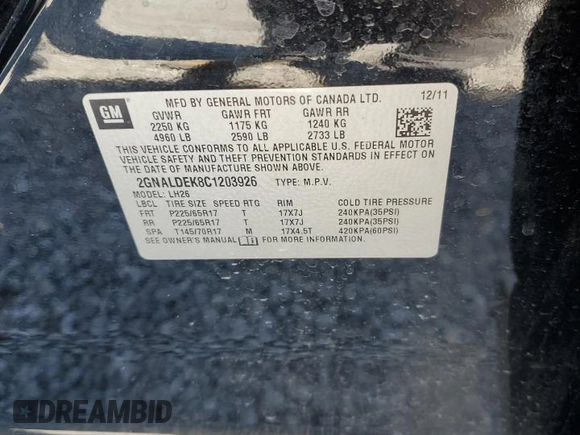 2012 Chevrolet Equinox LT w/1LT with VIN 2GNALDEK8C1203926, listed as a Copart auction lot 50415555 with 191,871 mi miles and Salvage Title. Bid and sale history available at carsss.com. Image 13.