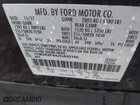 2018 Ford Explorer Limited with VIN 1FM5K8F84JGA20106, listed as a IAAI auction lot 42452379 with 94,403 mi miles and . Bid and sale history available at DreamBid. Image 9.